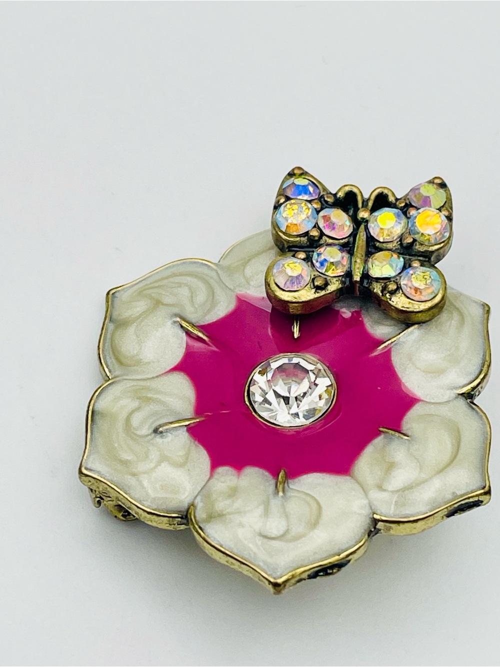 Gold tone Blossom Flower Enamel and Crystal Butterfly Brooch - Pink and White